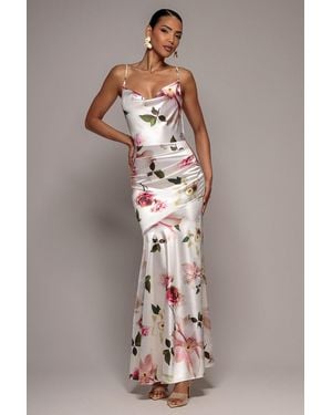 Goddiva Floral Print Satin Cowl Neck Maxi Dress - Natural