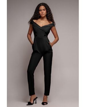 Goddiva Bardot Wrap Sweetheart Neck Romper - Black