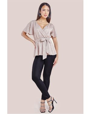Goddiva Lurex Flutter Sleeve Wrap Top - Pink