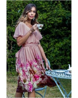 Goddiva Chiffon Lurex Floral Border Print Midi Dress - Pink