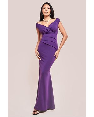 Goddiva Bardot Pleated Maxi Dress - Purple