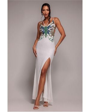 Goddiva Sequin Butterfly Front Split Maxi Dress - Natural