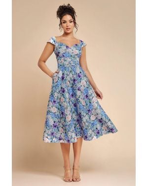 Goddiva Floral Print A-Line Sweetheart Midi Dress - Blue