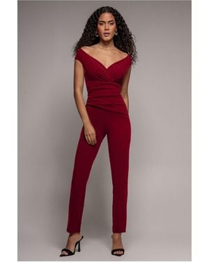 Goddiva Scuba Crepe Wrap Bardot Jumpsuit - Red