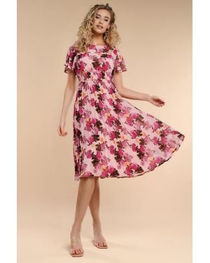 Goddiva Flutter Sleeve Pleated Skirt Floral Midi Dress - Pink