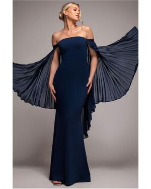 Goddiva Strapless Maxi Dress With Pleated Chiffon Cape - Blue