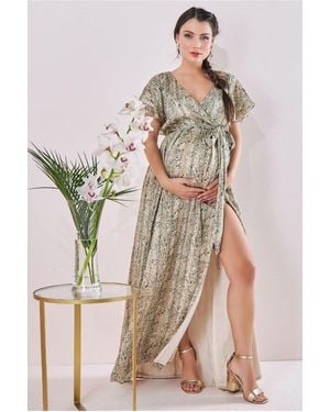 Goddiva Maternity Wrap Printed Chiffon Maxi Snake Print - Natural