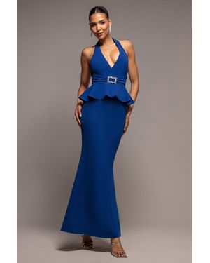 Goddiva Peplum Halter Neck Maxi Dress With Diamante Buckle - Blue