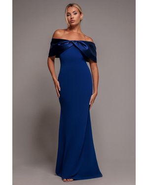 Goddiva Twist Knot Satin & Scuba Bardot Maxi Dress - Blue