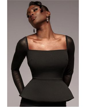 Goddiva Plain Mesh Long Sleeve Scuba Crepe Peplum Top - Black