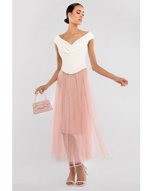 Goddiva Front Pleated Wrap Off The Shoulder Corset With Tulle Gathered Midaxi Skirt Cream - Pink