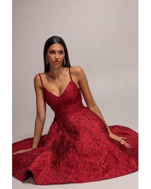 Goddiva Jacquard Sleeveless A-Line Midi Dress - Red