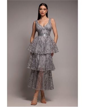 Goddiva Embroidered Mesh Tiered Midi Dress - Gray
