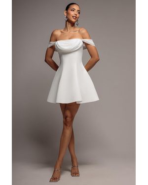 Goddiva Sparkle Chiffon Cowl Bardot Skater Mini Dress - Natural