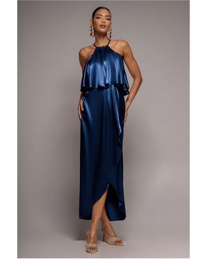 Goddiva Satin Viscose Front Wrap Midi Dress - Blue