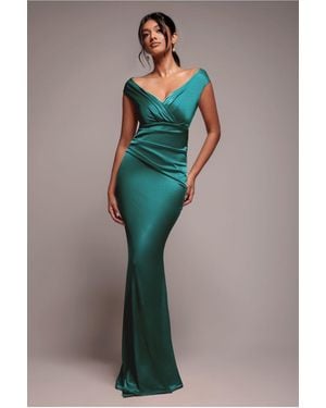 Goddiva Satin Off The Shoulder Maxi Dress - Green