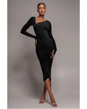 City Goddess Asymmetrical Neck Ruched Midi Dress - Black