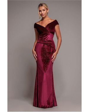 Goddiva Shimmer Velvet Bardot Maxi Dress - Red