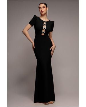 Goddiva Diamante Embellished Heart Brooch Scuba Maxi Dress - Black
