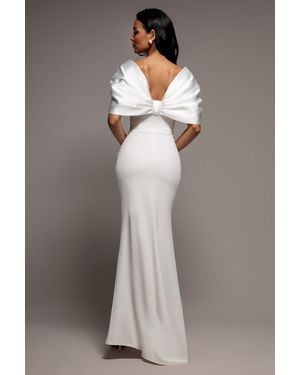 Goddiva Off Shoulder Back Satin Bow Scuba Maxi Dress - Gray