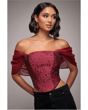Goddiva Off Shoulder Jacquard Top With Organza Wings - Red