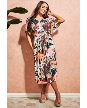 Goddiva Leaf Print Midi With Flutter Sleeves - Brown