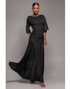 Goddiva Lurex Kimono Sleeve Gathered Waist Maxi Dress - Black