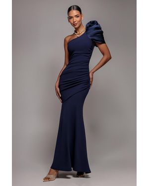 Goddiva One Shoulder Puffed Satin Sleeve Evening Maxi Dress - Blue
