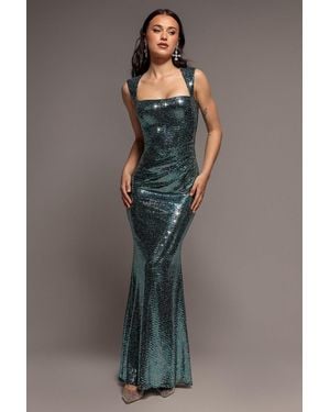Goddiva Sleeveless Princess Seam Sequin Mermaid Maxi Dress - Gray