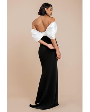 Goddiva Contrast Off Shoulder Back Satin Bow Scuba Maxi Dress - Black