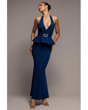 Goddiva Peplum Halter Neck Maxi Dress With Diamante Buckle - Blue