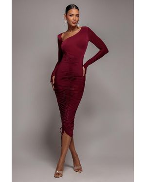 Goddiva Asymmetrical Neck Ruched Midi Dress - Red