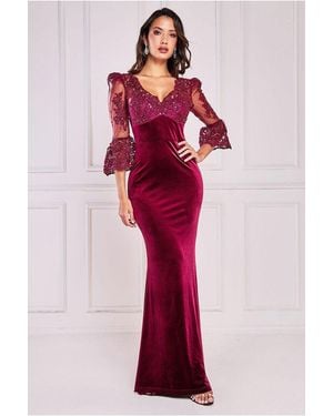 Goddiva Scalloped Lace & Velvet Maxi Dress - Red