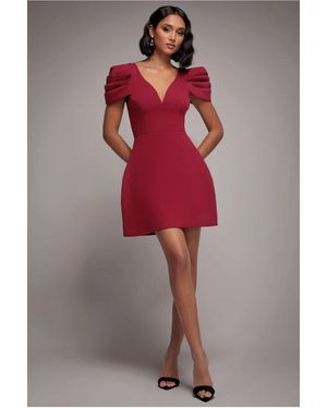 Goddiva Plunging Neck Pleated Sleeve Scuba Mini Dress - Red