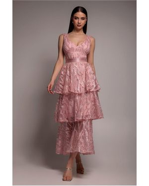 Goddiva Embroidered Mesh Tiered Midi Dress - Pink
