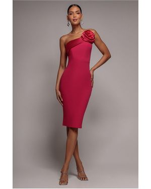 Goddiva Satin Corsage Scuba Crepe Midi Dress - Pink