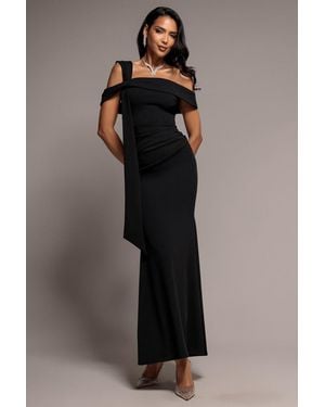 Goddiva One Shoulder Twisted Bardot Asymmetric Mermaid Maxi Dress - Black