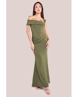 Goddiva Off The Shoulder Pleated Waist Maxi Dress - Green