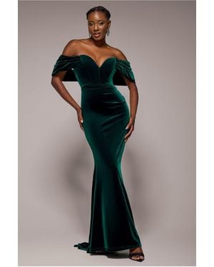 Goddiva Off The Shoulder Deep Plunge Velvet Maxi Dress - Black