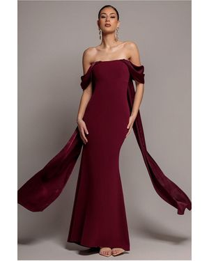 Goddiva Off Shoulder Soft Satin Wing Cape Maxi Dress - Red