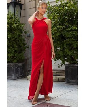 Goddiva Halterneck Thigh Split Chiffon Maxi Dress - Red