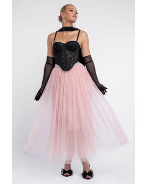 Goddiva Textured Floral Mesh Corset Tulle Gathered Midaxi Skirt Jersey Scarf & Diamante Embellished Mesh Gloves - Pink