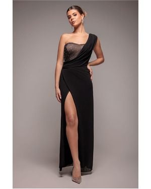 Goddiva One Shoulder Diamante Chiffon Evening Maxi Dress - Black