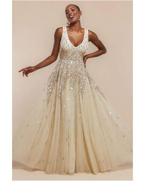 Goddiva Sunray Hand Embellished Sequin A-Line Sleeveless Maxi Dress - Natural