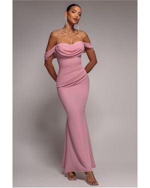 Goddiva Bardot Scuba & Chiffon Cowl Maxi Dress - Pink