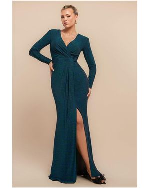 Goddiva Front Wrap Lurex Bodycon Maxi Dress - Blue