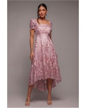 Goddiva Scalloped Neck Embroidered Lace High Low Midi Dress - Pink
