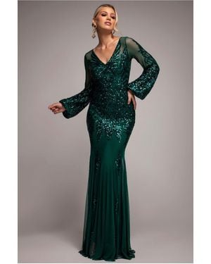 Goddiva Embellished Sequin Bishop Sleeve Maxi Dress - Green