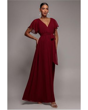 Goddiva Sustainable Chiffon Flutter Sleeve Wrap Maxi Dress - Red
