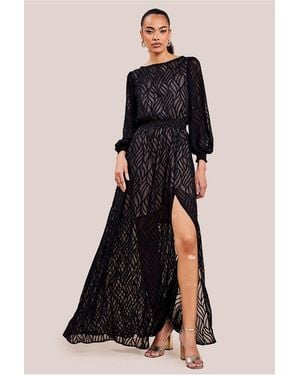 Goddiva Chiffon Geo-Wave Front Split Maxi Dress - Black